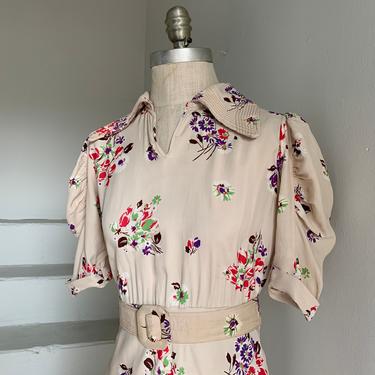 Late 1930's Rayon Floral Print Quilted Collar Puffy Sleeved Dress 