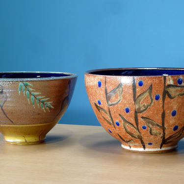 Studio Pottery Bowl Pair Grouping Shino Glaze Cobalt Ceramics - Home Decor - Functional Art 