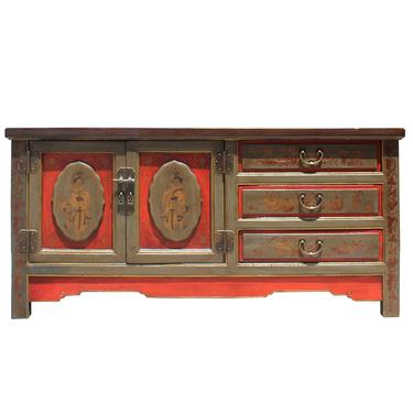 Chinese Distressed Olive Green Red Graphic Low TV Console Table Cabinet cs5142S