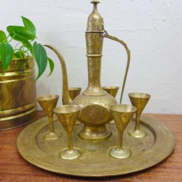 Vintage large etched brass aftaba with 6 goblets and tray, serving set with platter, pitcher, sherry glasses, patina for bohemian home decor 