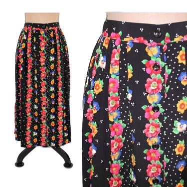 80s 90s High Waisted Maxi Skirt Long Pleated Skirt Button Up Full Skirt Pockets Black Print Colorful Floral Polka Dot Vintage Clothing Women 