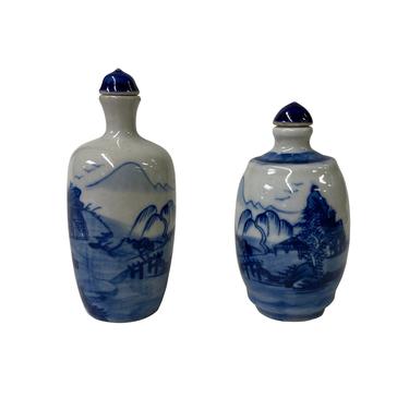 2 x Chinese Porcelain Snuff Bottle With Blue White Scenery Graphic ws1326E 