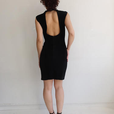 Vintage 80s Backless Suede Mini Dress/ 1980s Futurist High Neck Open Back Angular Dress/ Size Small 