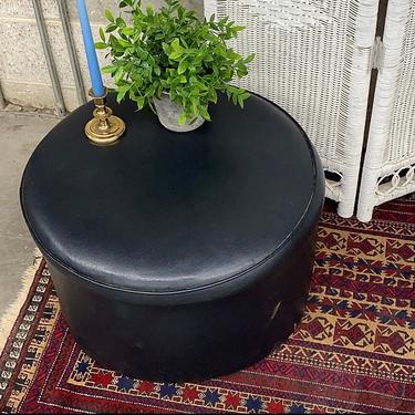 Vintage Ottoman Retro 1980s Contemporary + XL Size 23&quot; Diameter  + Round + Drum Shape + Black Vinyl + Cushioned Top + Furniture and Seating 