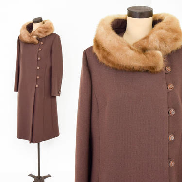 1960s Brown Wool &amp; Mink Fur Collar Coat | Rhinestone Buttons Heavy Wool Winter Coat | Large 
