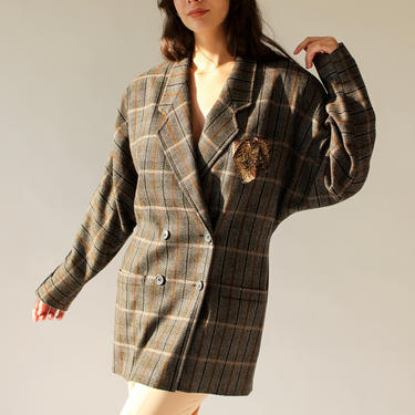 Vintage 80s Escada Plaid Double Breasted Tweed Blazer w/ Silk Leopard Pocket Square | Made in Germany | 1980s Designer Drop Shoulder Jacket 
