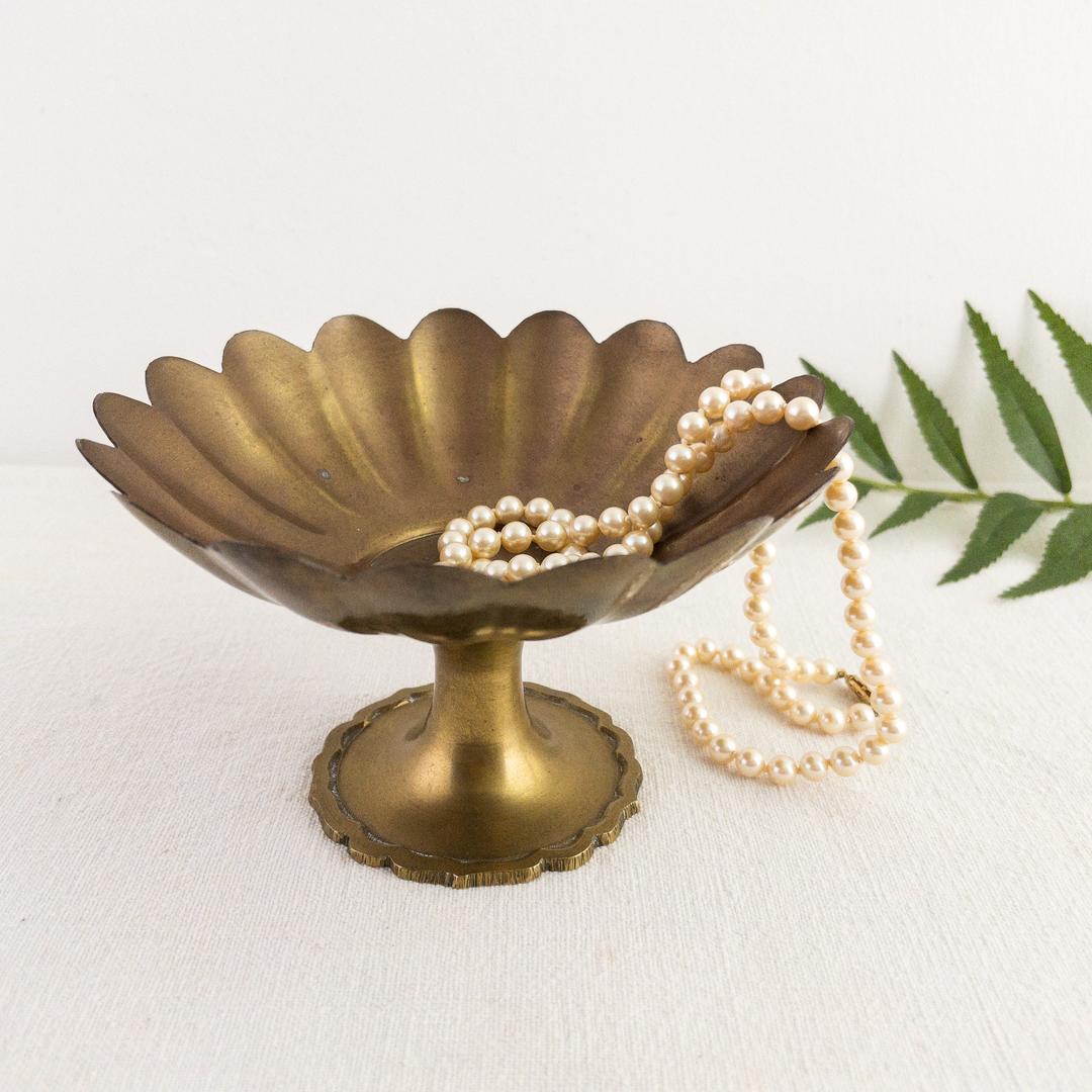 Vintage Solid Brass Pedestal Bowl,Etched Floral Design 8 D Brass Pedestal Tray,