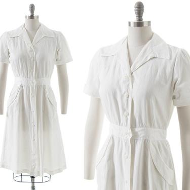Vintage 1940s Shirt Dress | 40s White Cotton Button Up Shirtwaist Day Dress with Pockets (medium) 