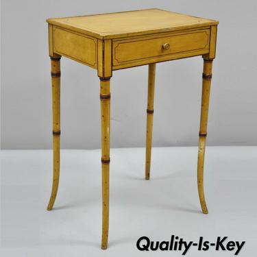19th C Yellow English Victorian Faux Bamboo One Drawer Side End Table Nightstand