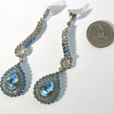 1980s Long Blue and Clear Rhinestone Pierced Earrings Dangle Silver tone 