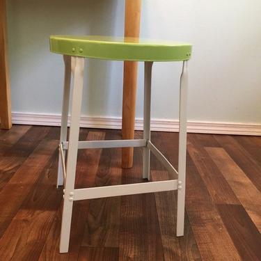 Chair height industrual Painted stool - apple green and white antique stool or plant stand 
