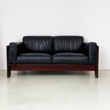 1970s Black Leather and Rosewood Tobia Scarpa Bastiano Sofa