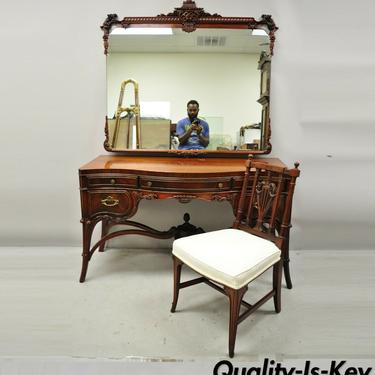 Antique Chinese Chippendale Carved Flame Mahogany Vanity Pagoda Mirror Chair Set