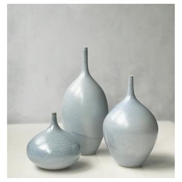 SHIPS NOW- set of 3 stoneware bottle vases in a semi gloss light blue glaze . blue jean blue bud vase 