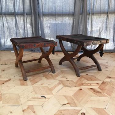 1940s Rustic Spanish Colonial Curule Bench Leather Seat &amp; Straps Set of 2 Stools 