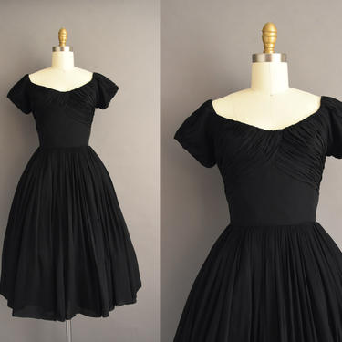 vintage 1950s | Gorgeous Rappi Jet Black Holiday Cocktail Party Full Skirt Dress | XS Small | 50s dress 