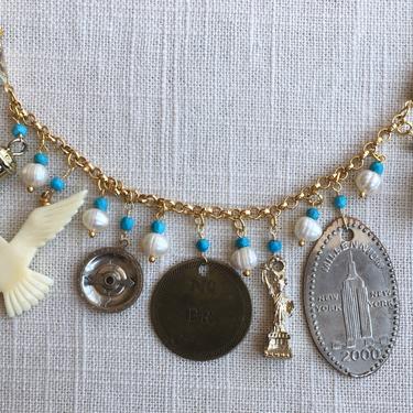 Fly To The City Assemblage Necklace [turquoise, pearl, carved bone, vintage charms] 