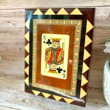 Vintage Card Box, Inlaid Wood , Glossy Finish, Lined Velvet, Playing Cards /Trinket Box, Made in Spain 60s 70s 