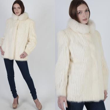 Vintage 80s Blonde Mink Fur Jacket Plush Real Arctic Fox Fur Trim Coat Chubby Winter Apres Ski Puff Sleeve Bomber Coat 