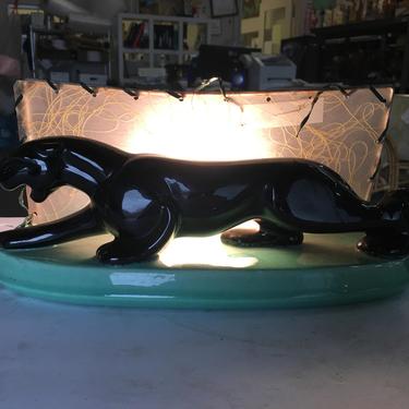 Mid-Century Black Panther Ceramic Statue Lamp w/ Whipple Stitch Fiberglass Shade 
