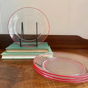 Set of 4- Vintage Arcoroc France Salad Plates, Clear with Red Accent Rim, MCM Retro Kitchen 