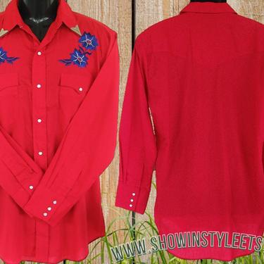 Vintage Western Men's Cowboy &amp; Rodeo Shirt by Karman, Embroidered Electric Blue Flowers, Tag Size 15.5-34, Approx. Large (see meas. photo) 