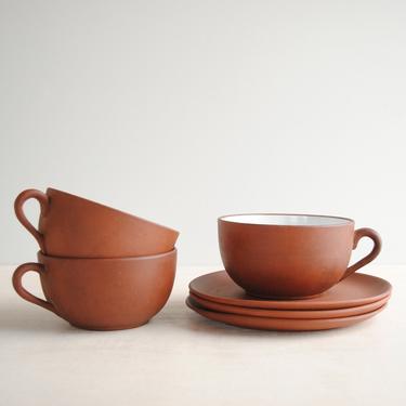 Vintage Italian Teacup and Saucer Set, Handmade Terracotta and White Teacups by Ferrea, 12 ounce Cups 