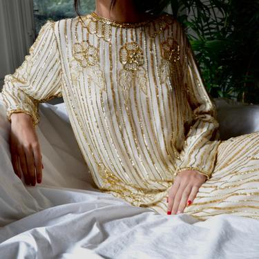 silk gold sequin puff sleeve skirt set / mid length 