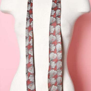 40's - 50's Vintage Mens Tie, Red Feather Art Deco Skinny Necktie, Mid Century 1940's, 1950's, 1960's Suit tie 