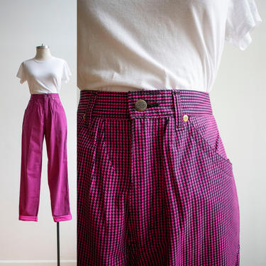 Vintage 1970s Carpenter Pants / Vintage Pink Houndstooth Pants 28 / Wild Bright Vintage Pants Size 28 / VTG Houndstooth Pants Womens Small 