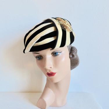 Vintage 1950's 1960's Black and Creamy White Striped Velvet Hat with Gold Starburst Brooch Formal 50's 60's Millinery Suzanne Modes 
