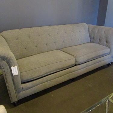 CHESTERFIELD SOFA IN GREY UPHOLSTERY WITH SILVER NAIL HEAD TRIM