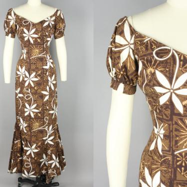 1950s Shaheen Holomuu · Vintage 50s Brown &amp; White Maxi Length Hawaiian Dress · Medium 
