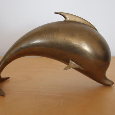 Vintage SOLID BRASS DOLPHIN Sculpture Figure, 10&amp;quot; long, Hollywood Regency Mid-Century Modern eames era art deco bronze fish whale 