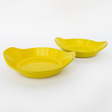 Set of 2 - Vintage Midcentury Yellow Enamelware Cast Iron Mini Serve Pans 