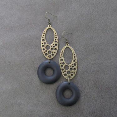 Mid century modern earrings, long black wood and bronze Afrocentric earrings, chic earrings, African earrings, bold statement earrings 2 
