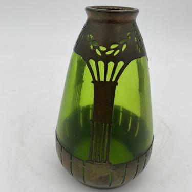 French Art Nouveau Copper and Green Glass Vase 