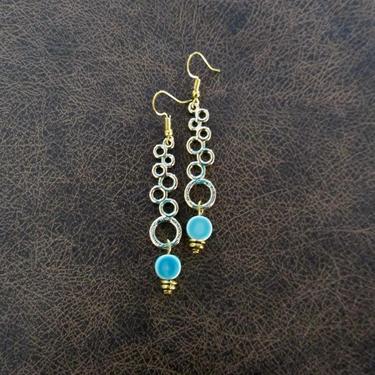Long patina dangle earrings, turquoise earrings, gold ethnic earrings, tribal southwestern earrings, unique statement earrings, boho chic 