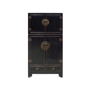 Chinese Distressed Black Lacquer MoonFace Compound Cabinet cs5177E 