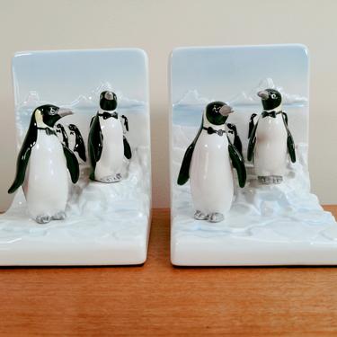 Otagiri OMC Ceramic Penguin Bookends | King Penguins Iceberg | Japan | 1983 