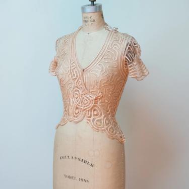1930s Ribbon Work Top / 30s Pink Short Sleeve Blouse 