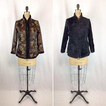 Vintage 50s jacket | Vintage brown chinoiserie satin reversible jacket | 1950s black sheered Persian lamb coat 