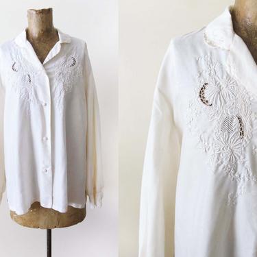 Vintage Chinese Silk Blouse S M - White Silk Embroidered Asian Blouse - Ivory Cutwork Chinese Long Sleeve Button Up - Chinoiserie 
