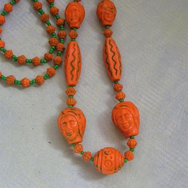 Antique Egyptian Revival Deco 1920s Czech Molded Glass Beaded Necklace, Unusual Necklace With Faces (#3900) ) 