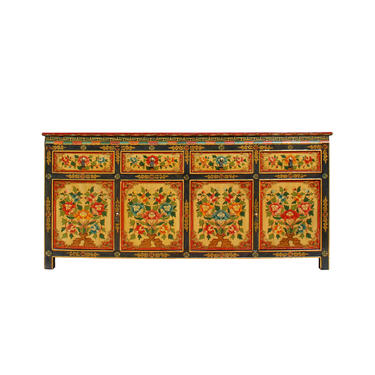 Chinese Tibetan Color Flower Graphic Credenza Sideboard Console Cabinet cs5939E 