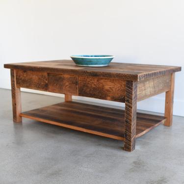 Reclaimed Patchwork Wood Coffee Table / Lower Shelf + Hidden Drawer 