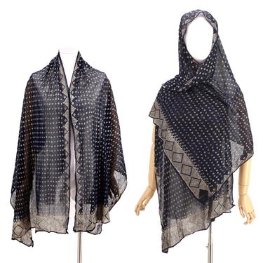 1920s ASSUIT shawl navy with silver / vintage 20s antique Art Deco metal scarf wrap 29 x 78 rare color 