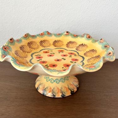 Vintage Italian Desimone Pottery for Nordstrom Hand Painted Cake Stand Pedestal Serving Dish with Undulating Pie-crust Edge 