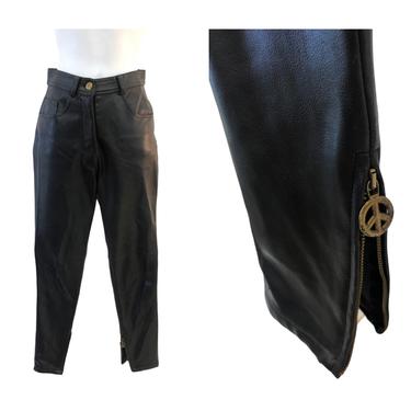 Vintage VTG 1980s 1990s Black Designer Moschino Leather White Stripe Pants 