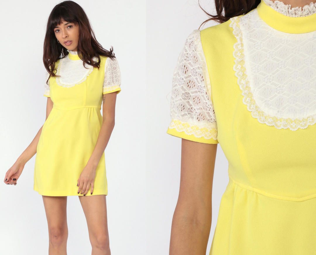 Yellow Lace Bib Dress Babydoll Dress 70s Mini Dolly Pastel 60 | Shop ...